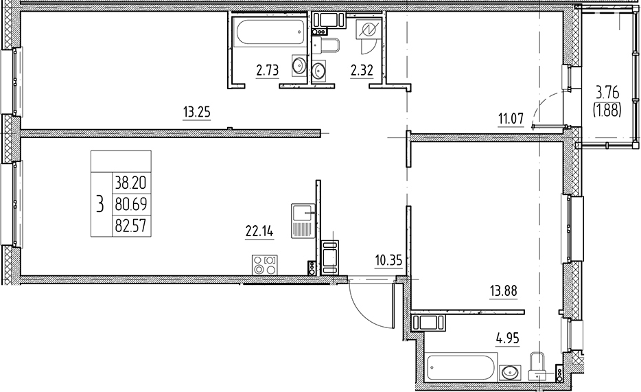 Планировка — Сезоны, 4-комн., 81 м²