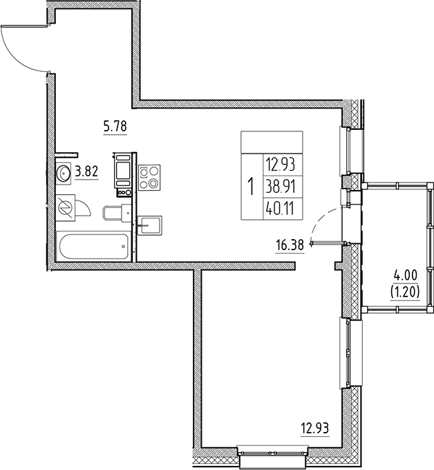 Планировка — Сезоны, 2-комн., 39 м²