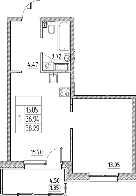 Планировка — Сезоны, 2-комн., 37 м²
