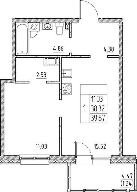 Планировка — Сезоны, 2-комн., 38 м²