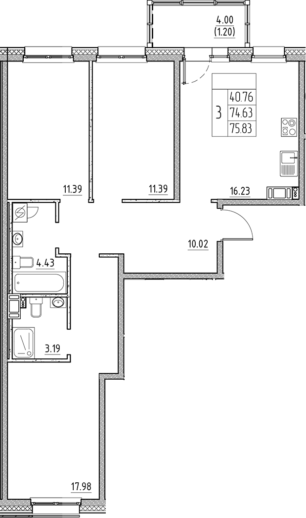 Планировка — Сезоны, 4-комн., 75 м²