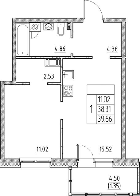 Планировка — Сезоны, 2-комн., 38 м²