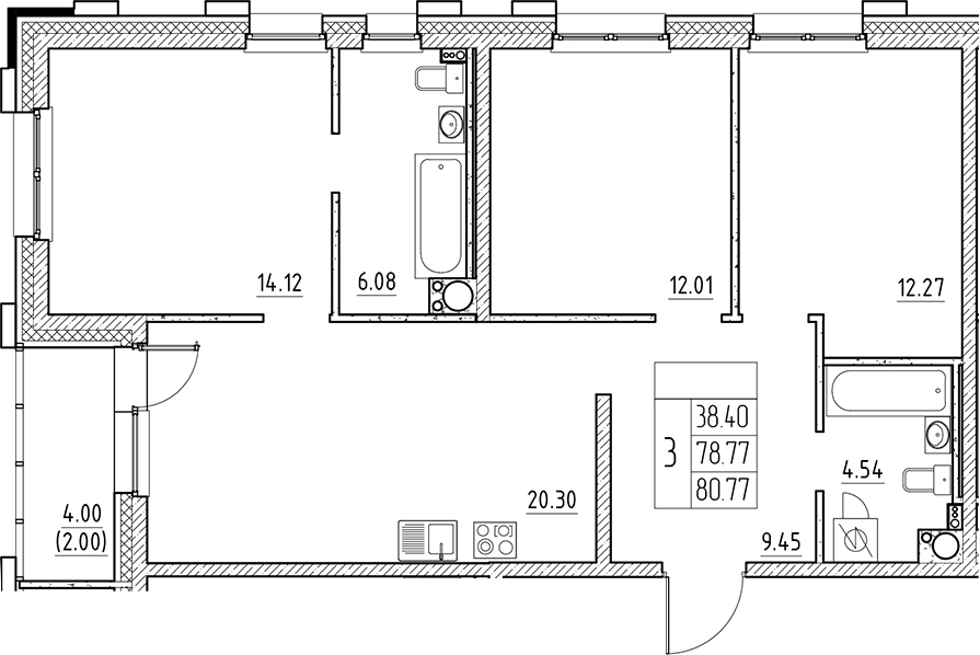 Планировка — Сезоны, 4-комн., 79 м²