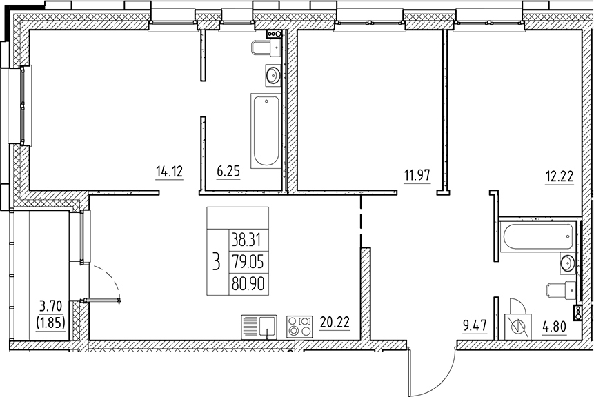 Планировка — Сезоны, 4-комн., 79 м²