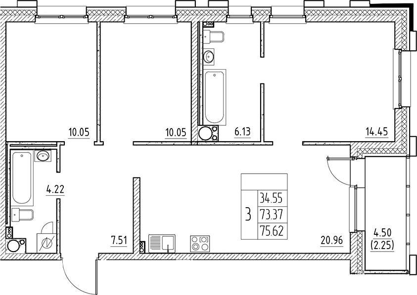 Планировка — Сезоны, 4-комн., 73 м²