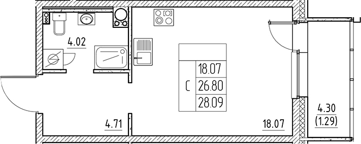 Планировка — Сезоны, Студия, 27 м²