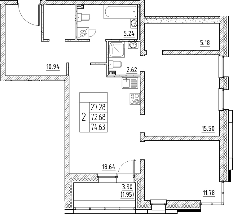 Планировка — Сезоны, 3-комн., 73 м²