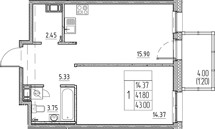 Планировка — Сезоны, 2-комн., 42 м²