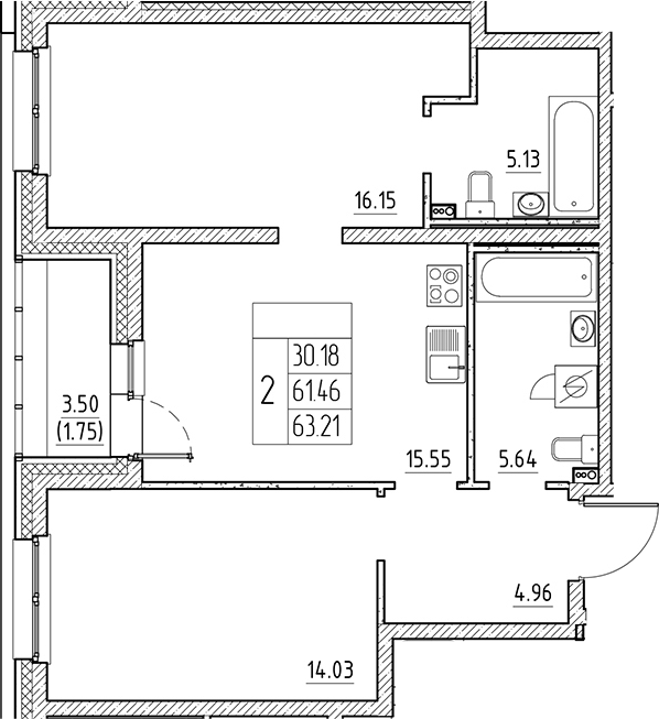 Планировка — Сезоны, 3-комн., 61 м²