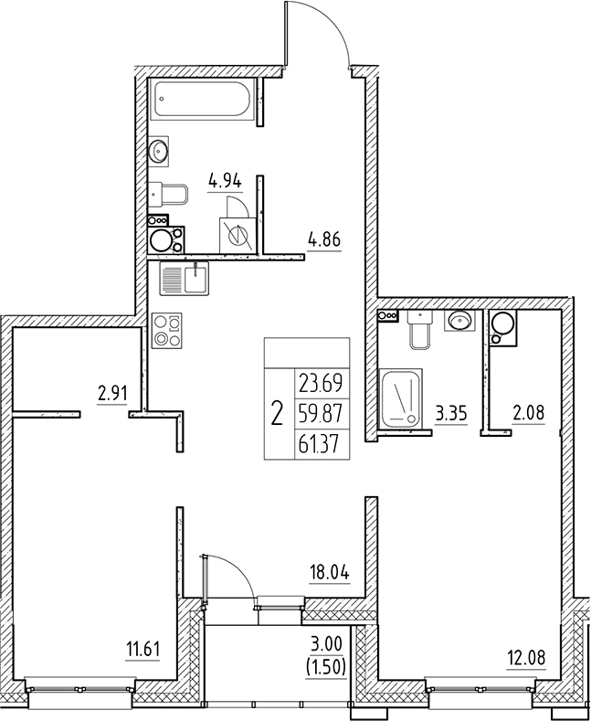 Планировка — Сезоны, 3-комн., 60 м²