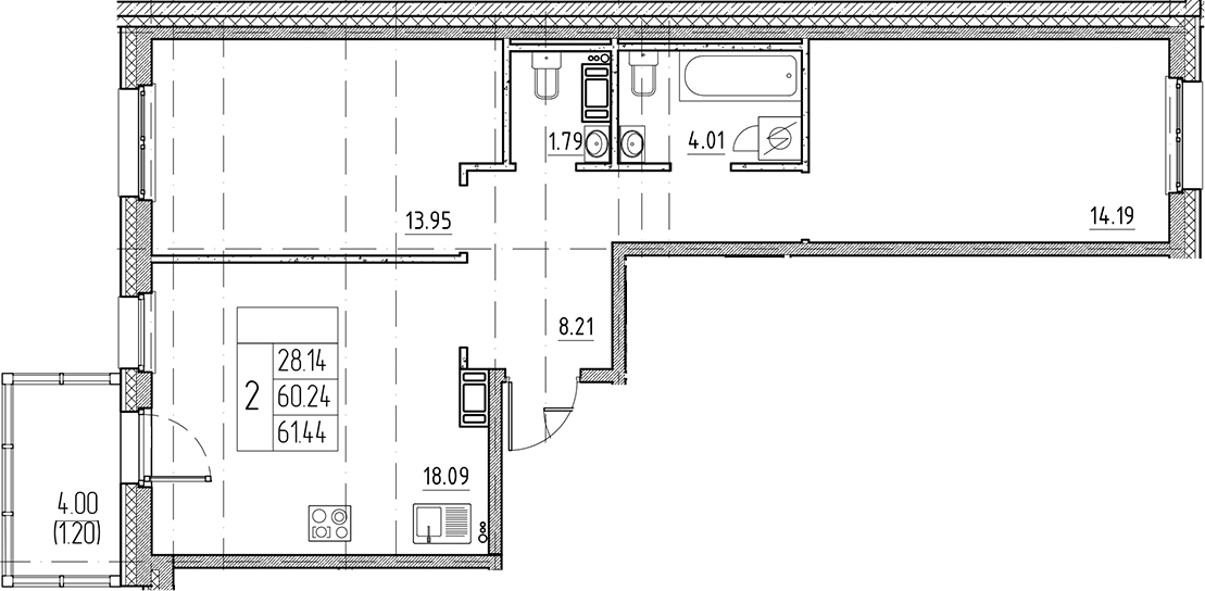 Планировка — Сезоны, 3-комн., 60 м²