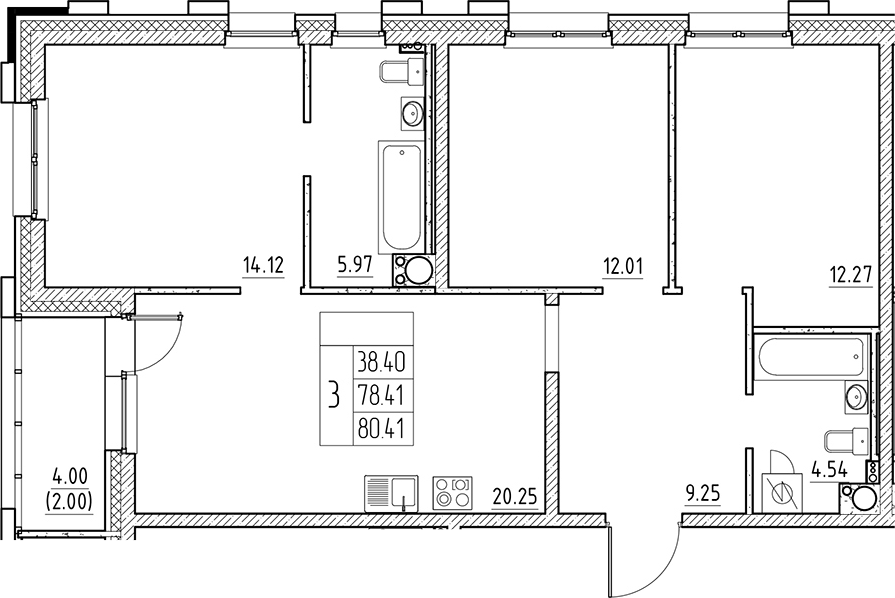 Планировка — Сезоны, 4-комн., 78 м²