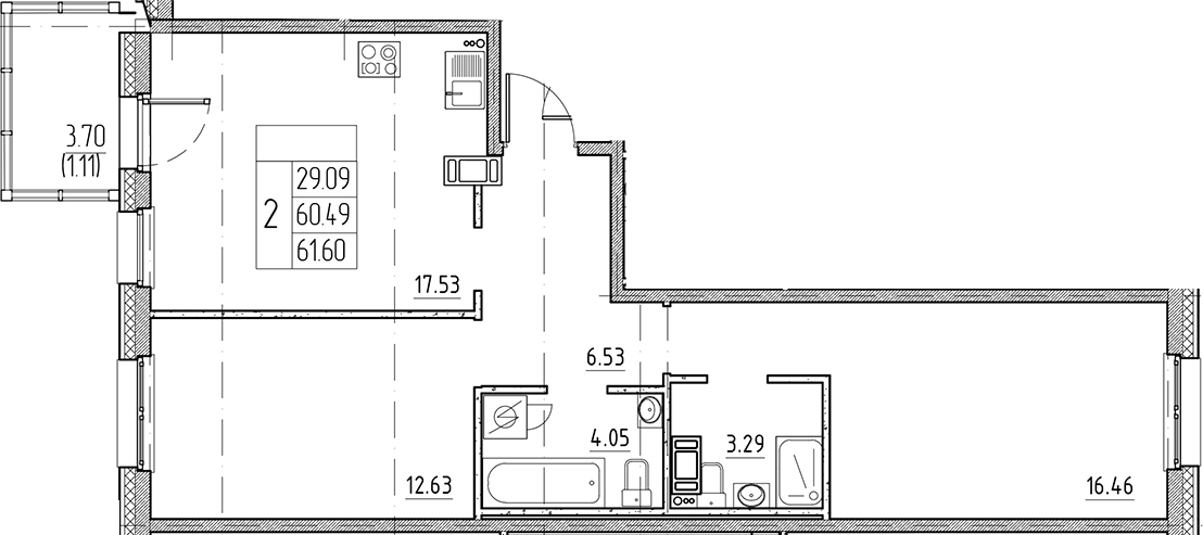 Планировка — Сезоны, 3-комн., 60 м²