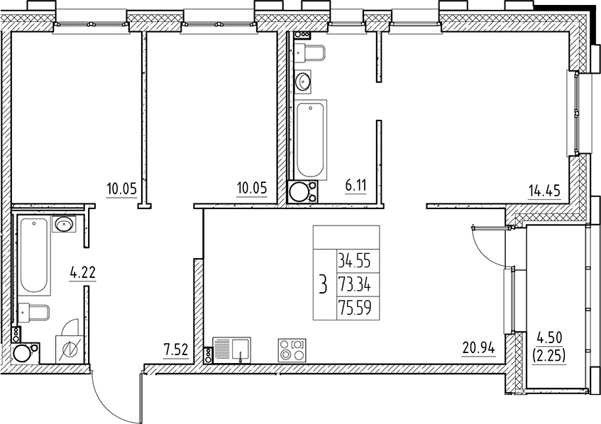 Планировка — Сезоны, 4-комн., 73 м²