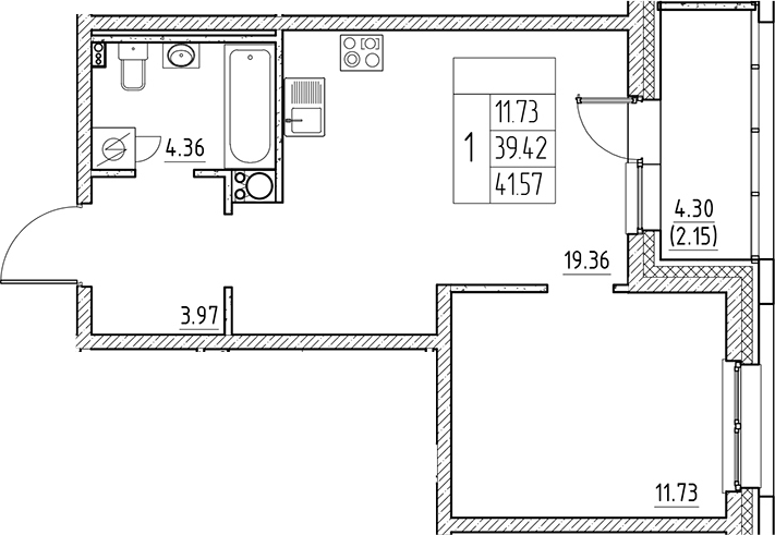 Планировка — Сезоны, 2-комн., 39 м²