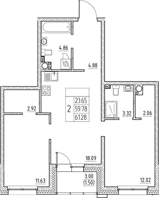 Планировка — Сезоны, 3-комн., 60 м²