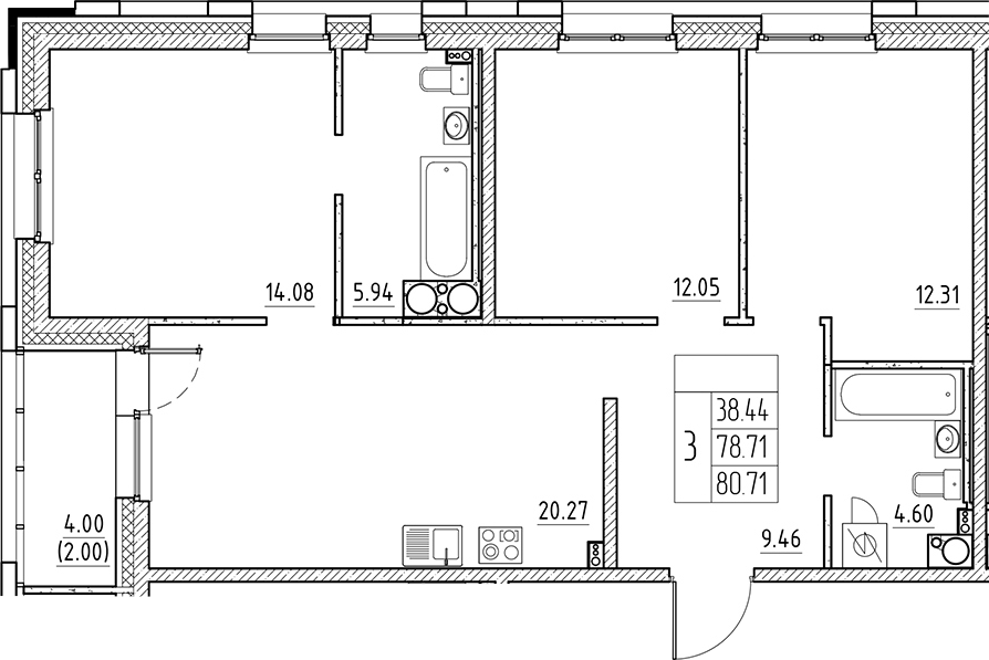 Планировка — Сезоны, 4-комн., 79 м²