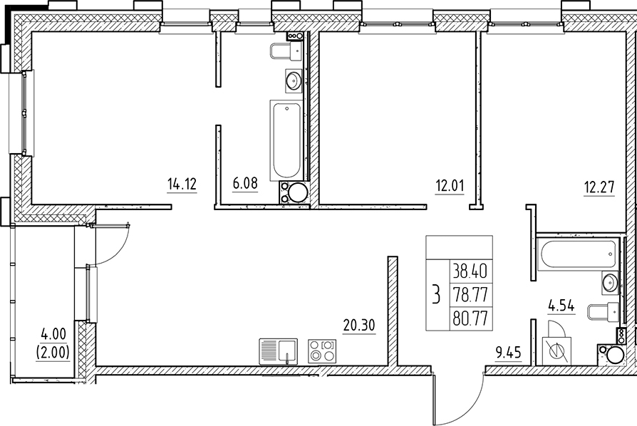 Планировка — Сезоны, 4-комн., 79 м²