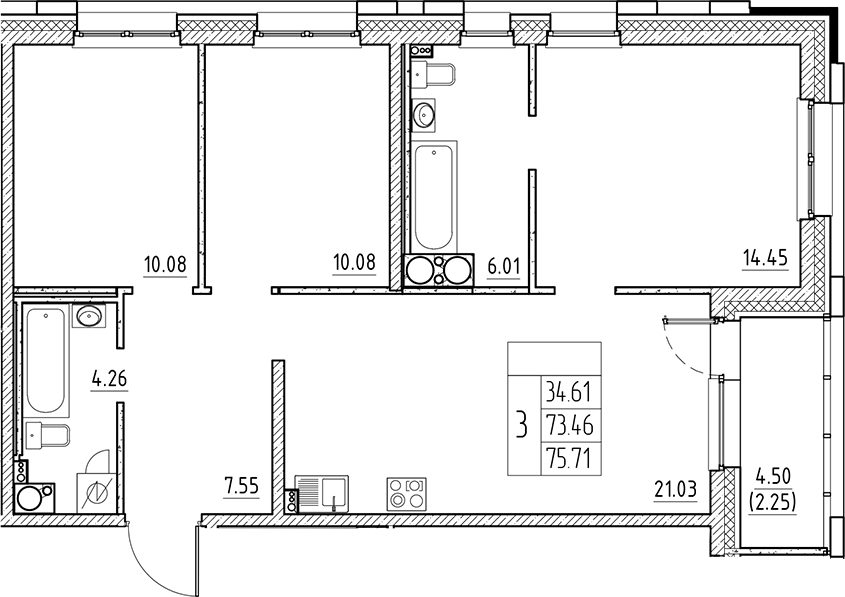 Планировка — Сезоны, 4-комн., 73 м²