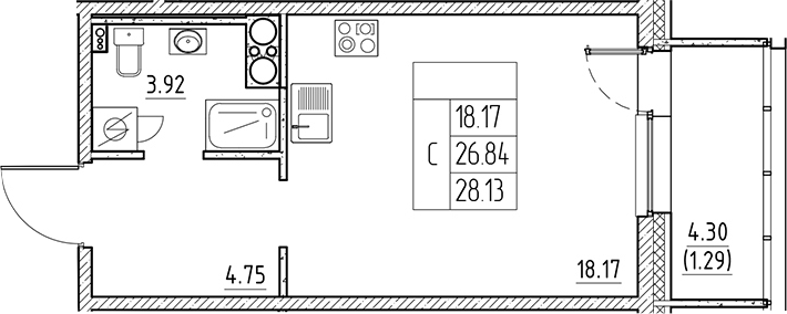Планировка — Сезоны, Студия, 27 м²