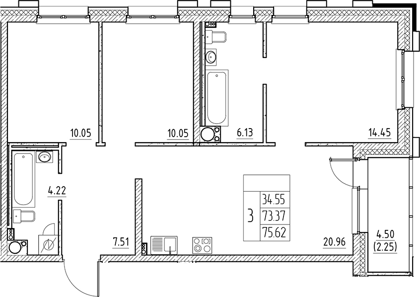 Планировка — Сезоны, 4-комн., 73 м²