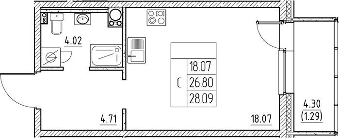 Планировка — Сезоны, Студия, 27 м²