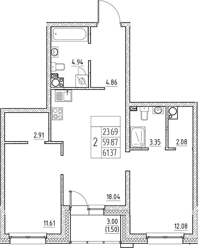 Планировка — Сезоны, 3-комн., 60 м²