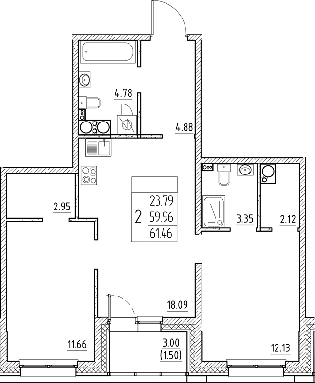 Планировка — Сезоны, 3-комн., 60 м²