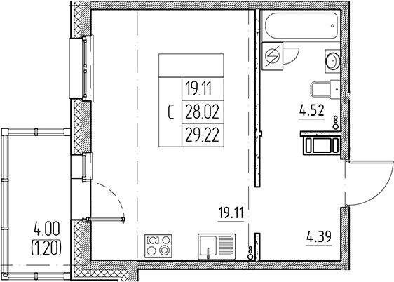 Планировка — Сезоны, Студия, 28 м²