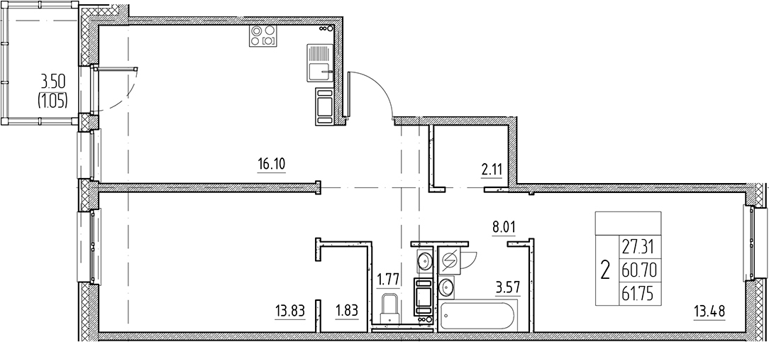 Планировка — Сезоны, 3-комн., 61 м²