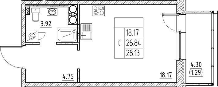 Планировка — Сезоны, Студия, 27 м²