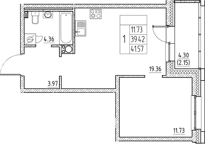 Планировка — Сезоны, 2-комн., 39 м²