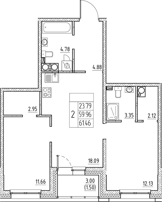 Планировка — Сезоны, 3-комн., 60 м²