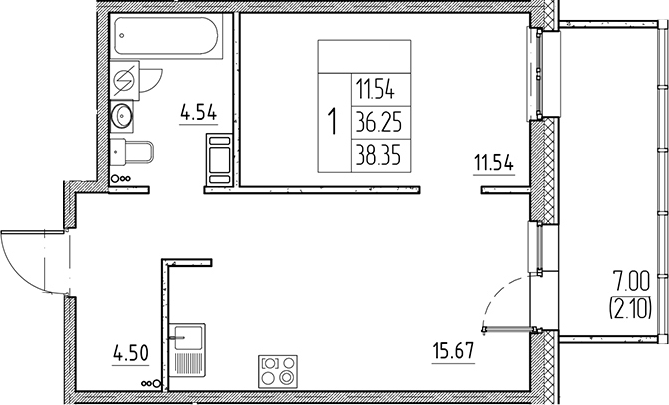 Планировка — Сезоны, 2-комн., 36 м²