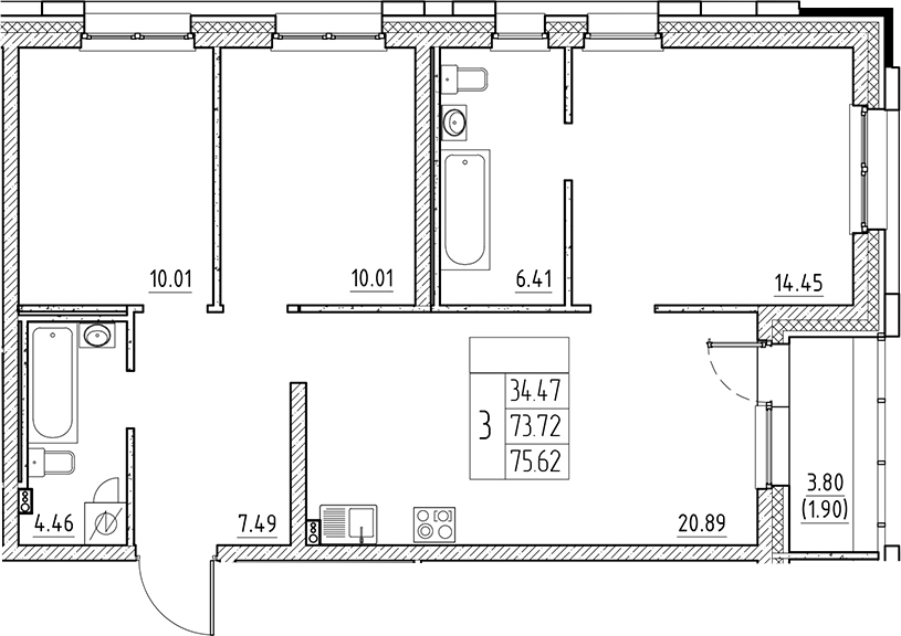 Планировка — Сезоны, 4-комн., 74 м²