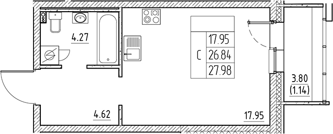 Планировка — Сезоны, Студия, 27 м²
