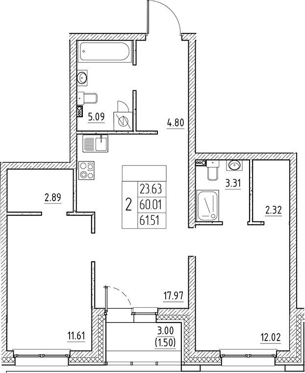 Планировка — Сезоны, 3-комн., 60 м²