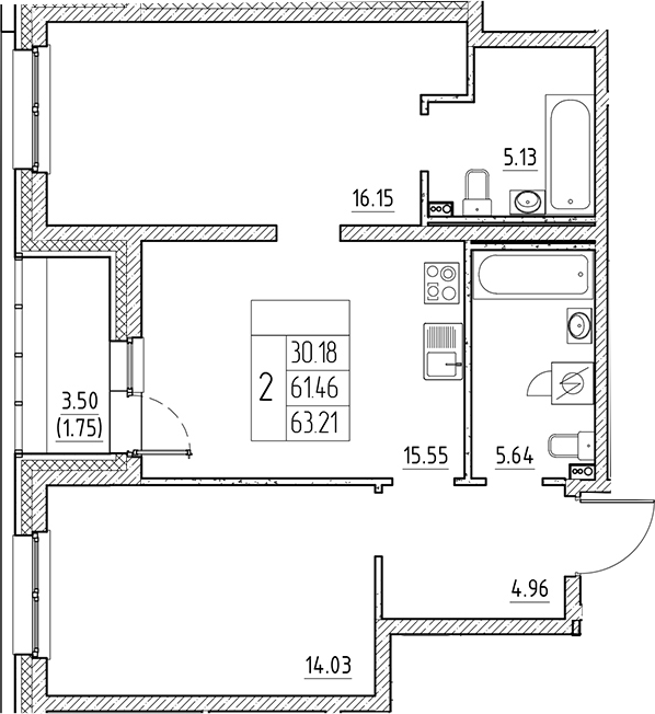 Планировка — Сезоны, 3-комн., 61 м²