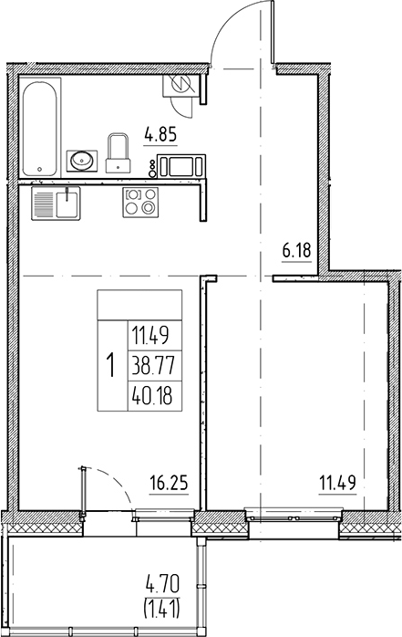 Планировка — Сезоны, 2-комн., 39 м²