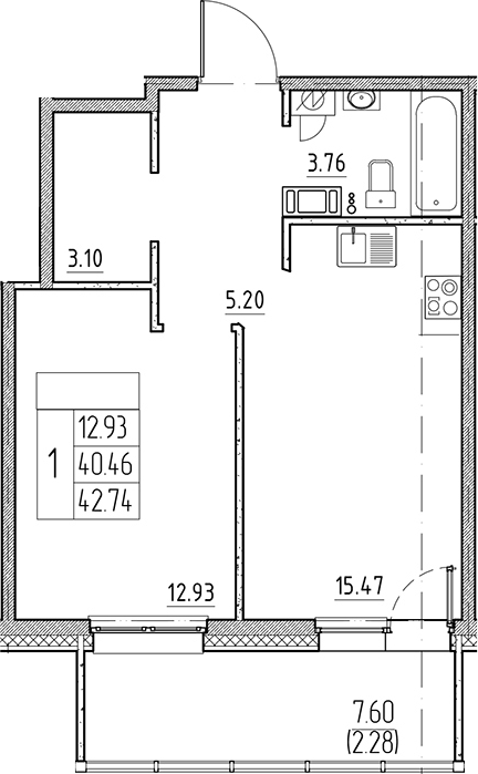 Планировка — Сезоны, 2-комн., 40 м²