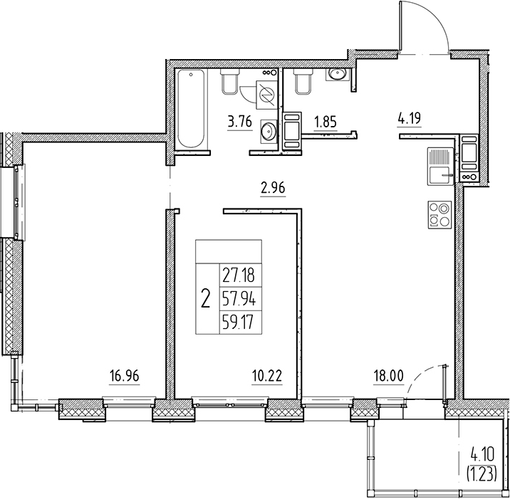 Планировка — Сезоны, 3-комн., 58 м²