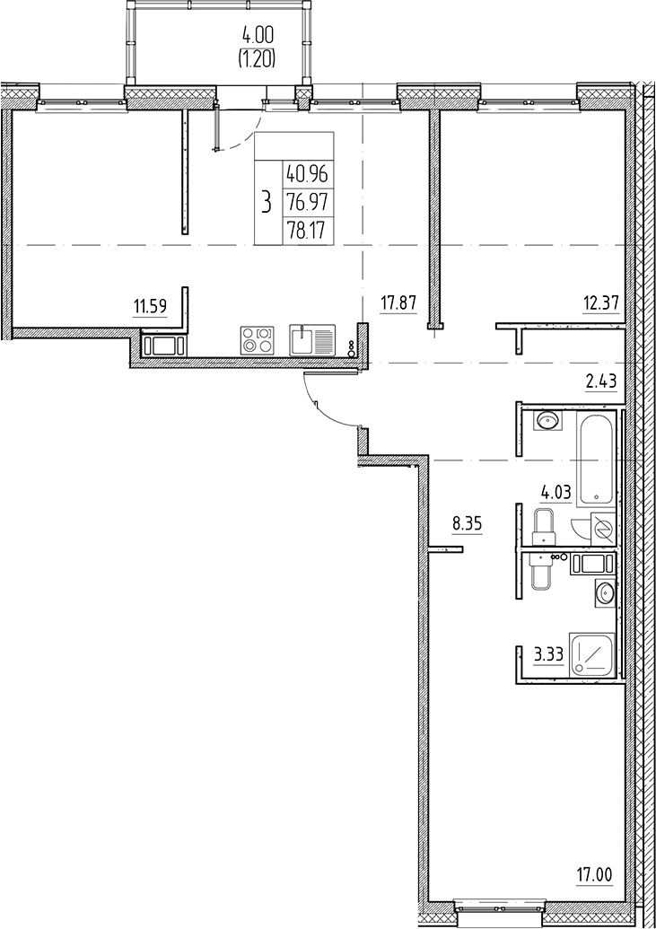 Планировка — Сезоны, 4-комн., 77 м²