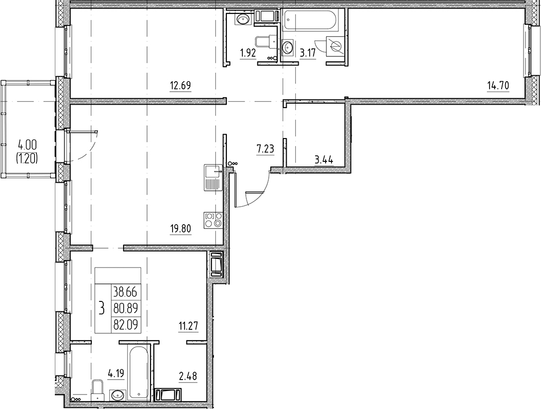 Планировка — Сезоны, 4-комн., 81 м²
