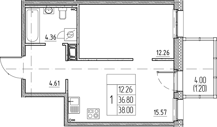 Планировка — Сезоны, 2-комн., 37 м²