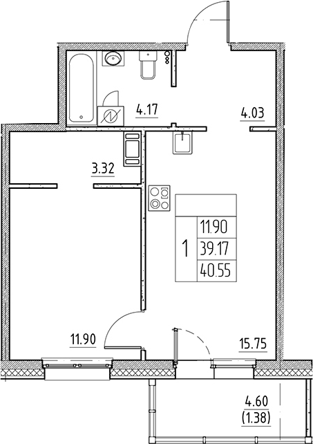 Планировка — Сезоны, 2-комн., 39 м²