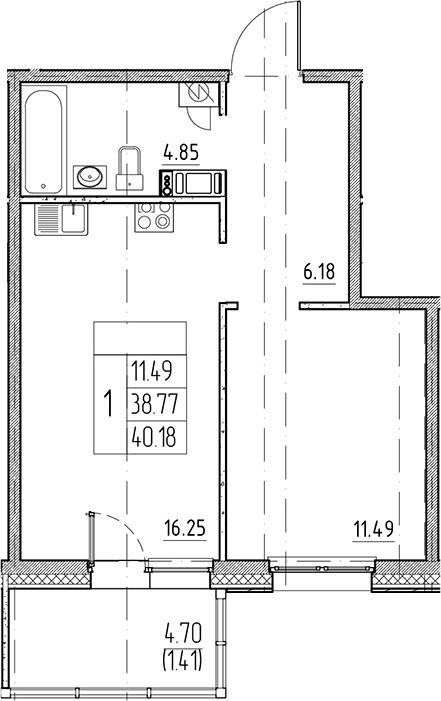 Планировка — Сезоны, 2-комн., 39 м²