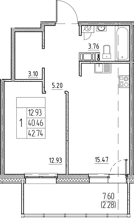 Планировка — Сезоны, 2-комн., 40 м²
