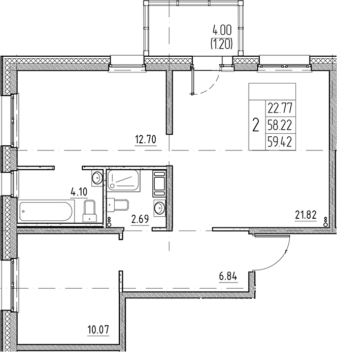 Планировка — Сезоны, 3-комн., 58 м²