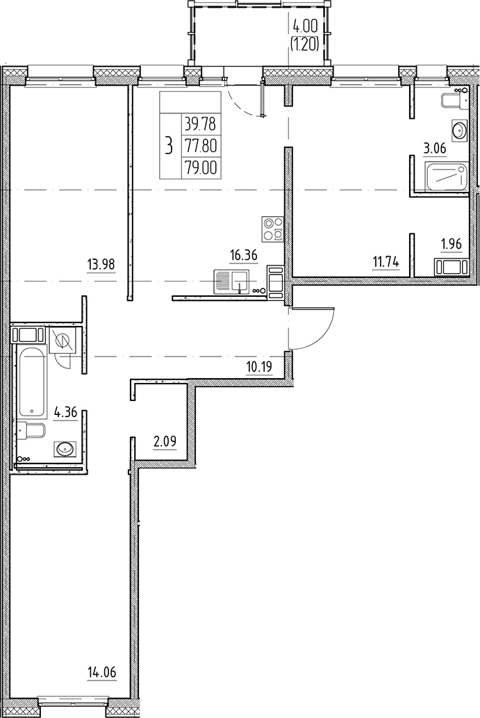 Планировка — Сезоны, 4-комн., 78 м²