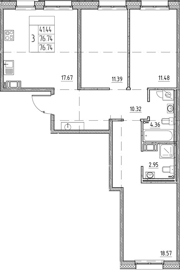 Планировка — Сезоны, 4-комн., 77 м²